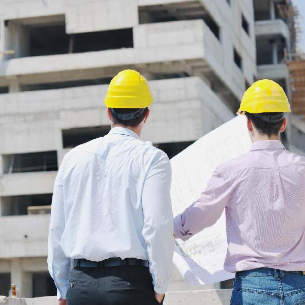 Arquitectos con un plano observan un edificio en construcción